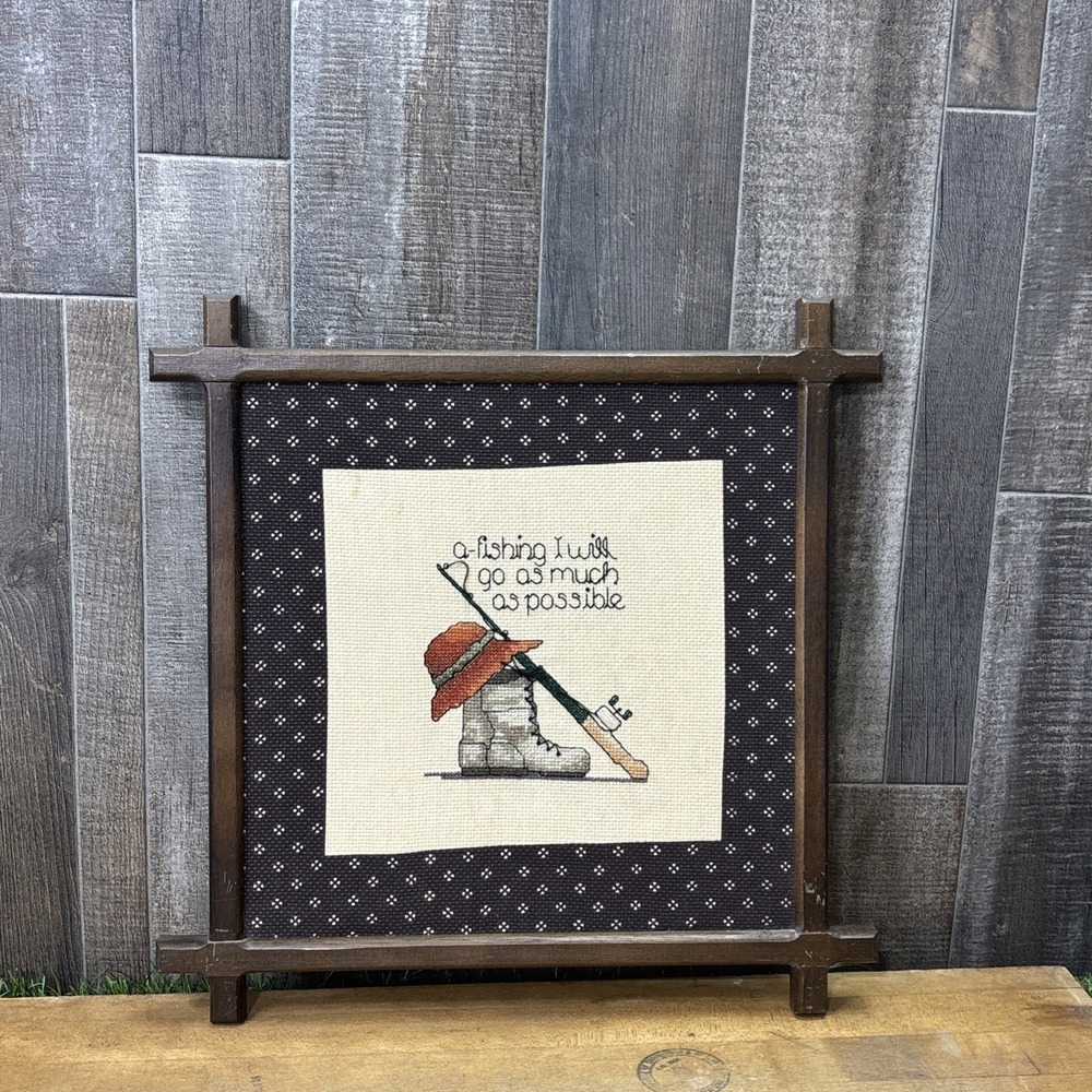 Vintage 80s 90s Handmade Fishing Cross Stitch Framed Folk Art Rustic Cabin Decor